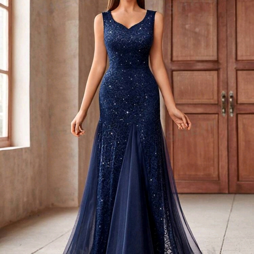 Sweetheart Neck Contrast Sequin Lace Mesh Mermaid Evening Party Fitted Dress